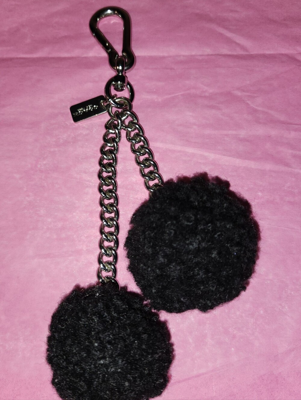 Vintage Coach Black Double Pom Pom Keychain with Silver Chain. Y2K 2002!!